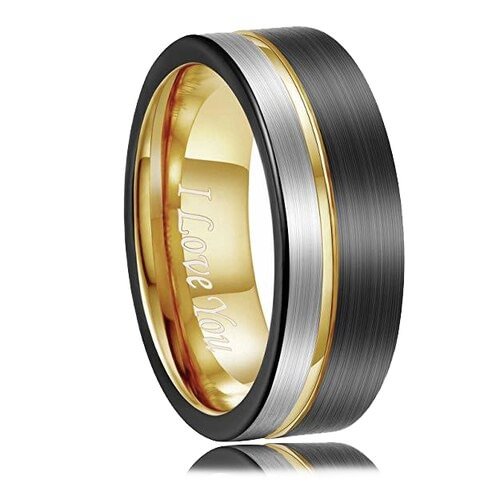 Women's or Men's Tungsten Carbide Wedding Band Rings,Triple Tone Black,Gray and Yellow Gold Tone Striped Pattern,I Love You Tungsten Carbide Ring Comfort Fit With Mens And Womens For Width 4MM 6MM 8MM 10MM
