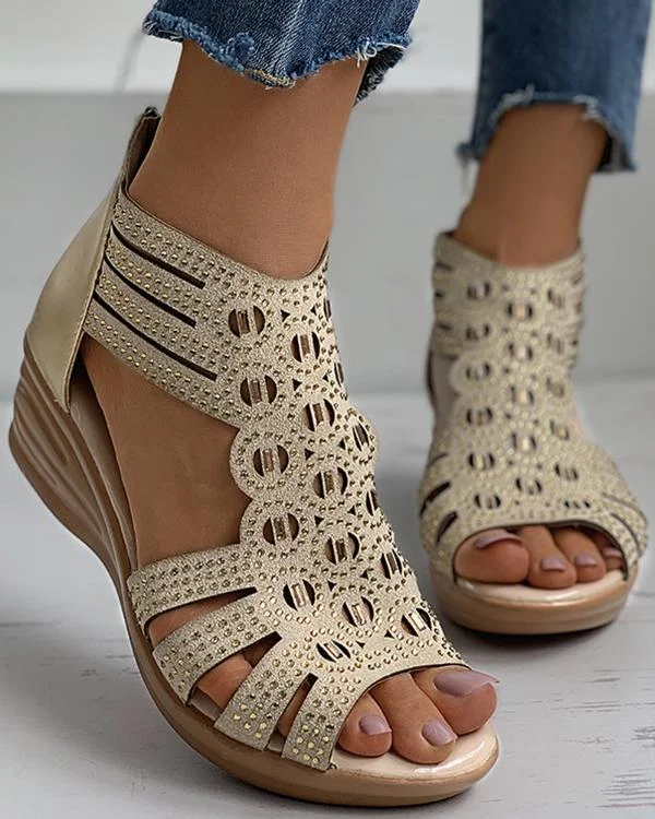 Studded Cutout Peep Toe Wedge Sandals