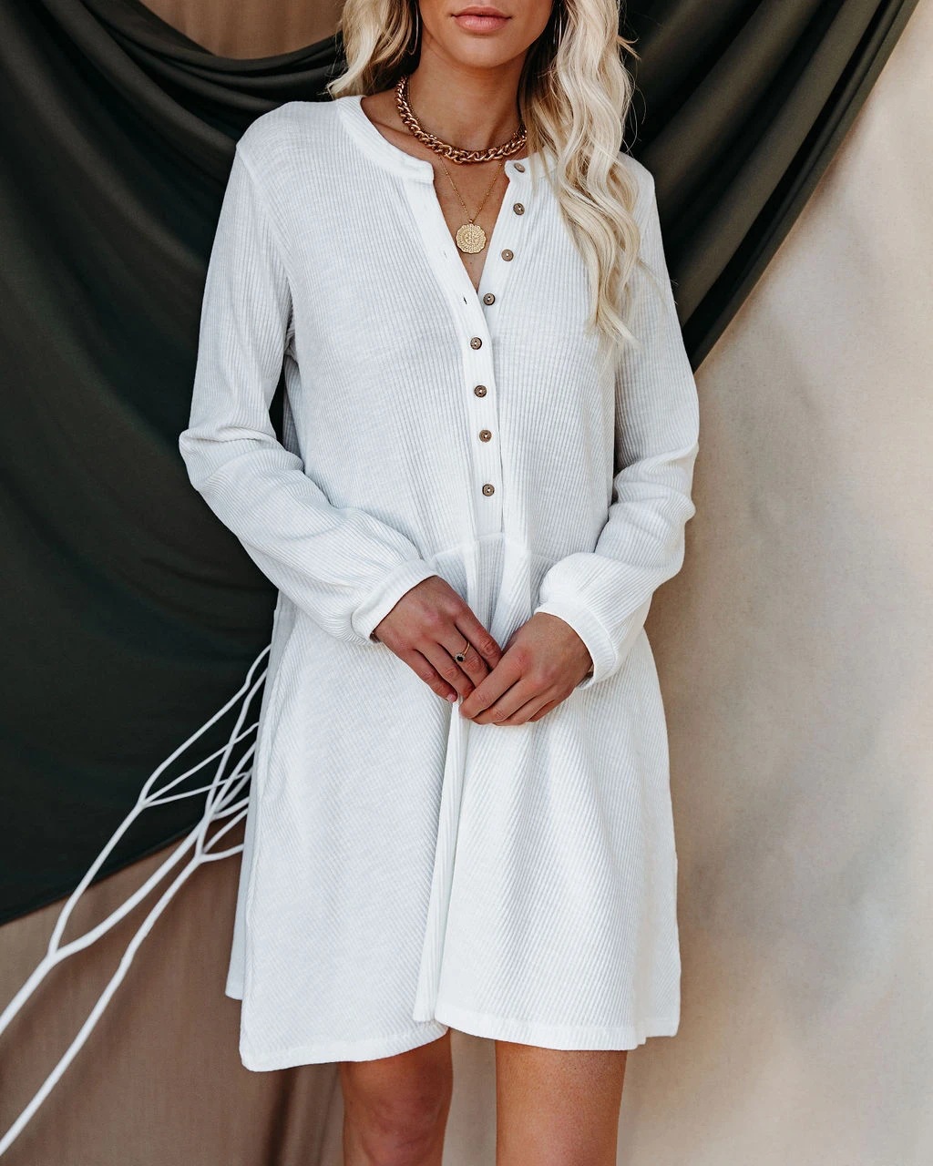  thdmladies Solid Color V-neck Button Dress thedmladies