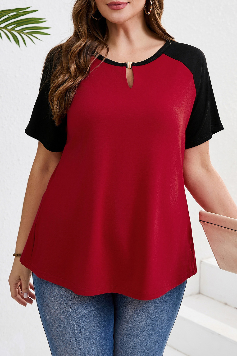 Plus Size Everyday Red Hollow Out Colorblock Raglan Sleeve Blouse 2024 - Flycurvy 