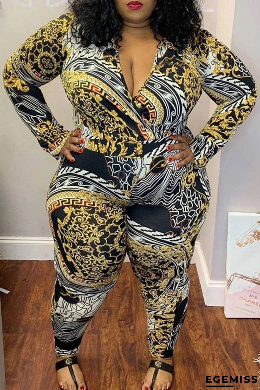 Gold Large Size Fashion Print V-Neck Long Sleeve Jumpsuit | EGEMISS