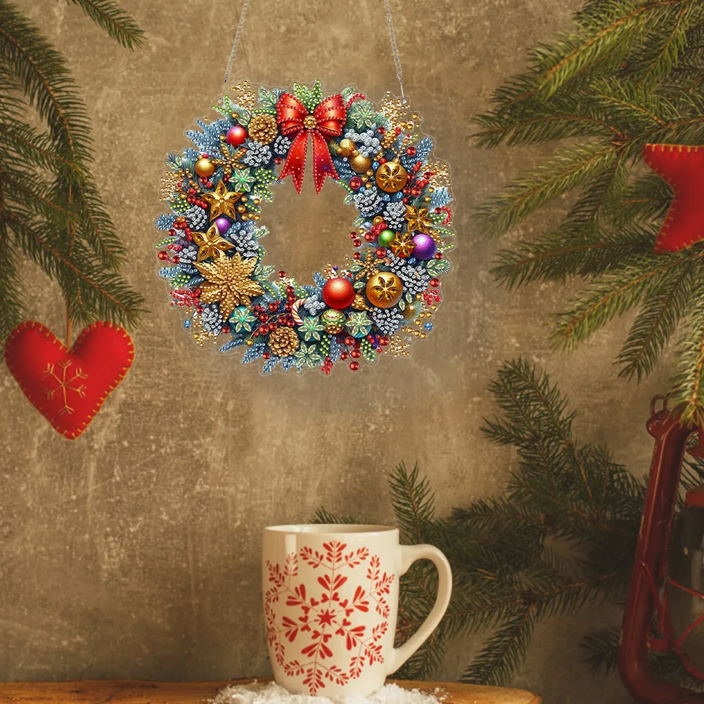DIY Christmas Wreath Acrylic Special Shape Diamond Painting Hanging Pendant for Wall Window