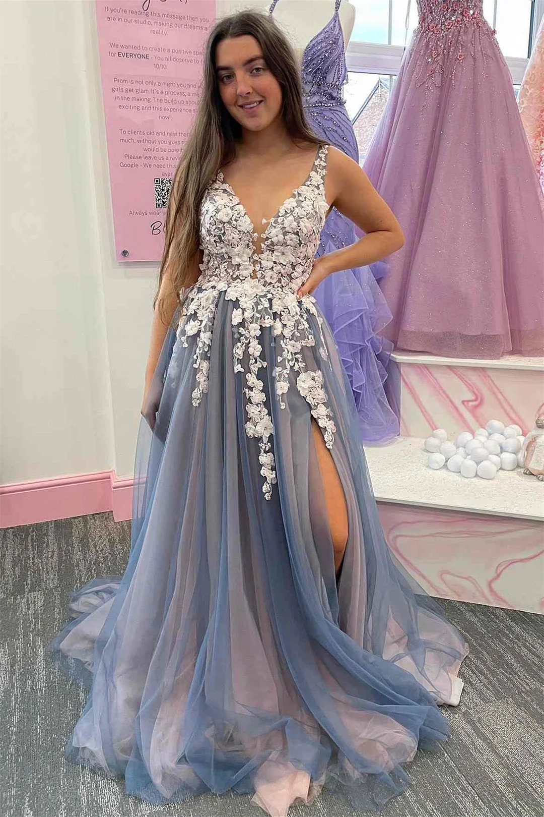 Bellasprom V-Neck Sleeveless A-line Prom Dress Appliques With Split