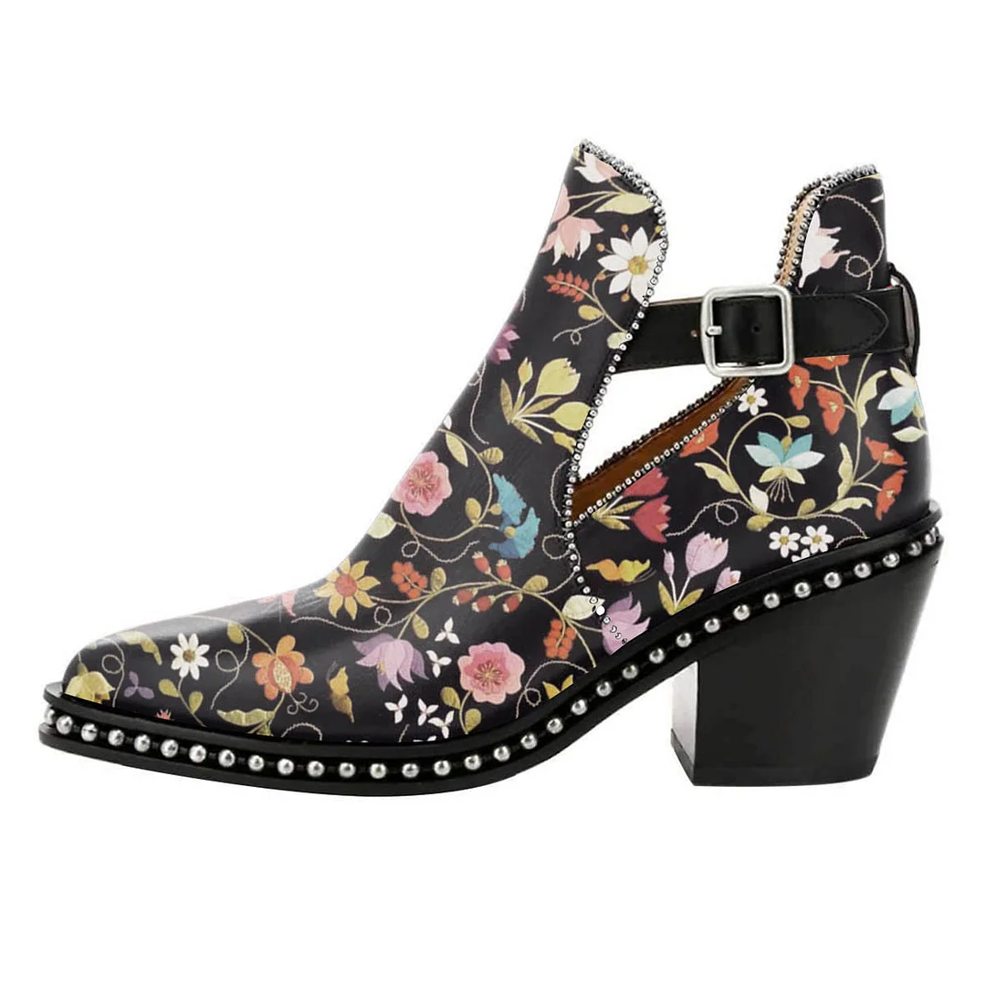 Chunky Heel Studded Pointed Toe Flower Print Buckle Strap Ankle Boots