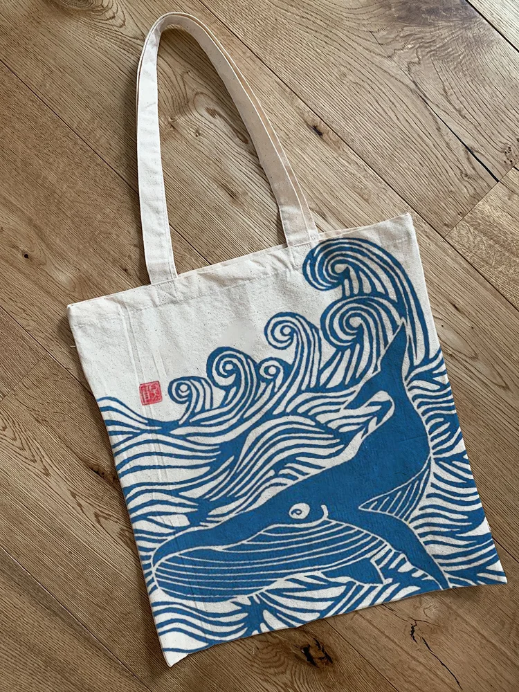 Whale & Waves Japanese Lino Art Tote Bag