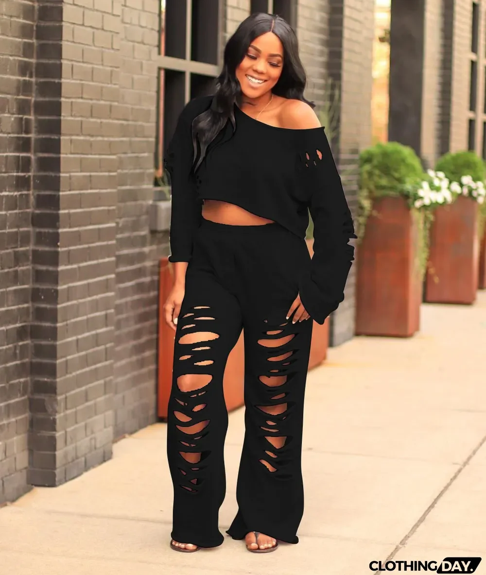 Casual Solid Color Ripped Flared Pants Suit