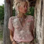 Vintage Pink Boho Floral Embroidered Comfy Linen T Shirt - Image 2