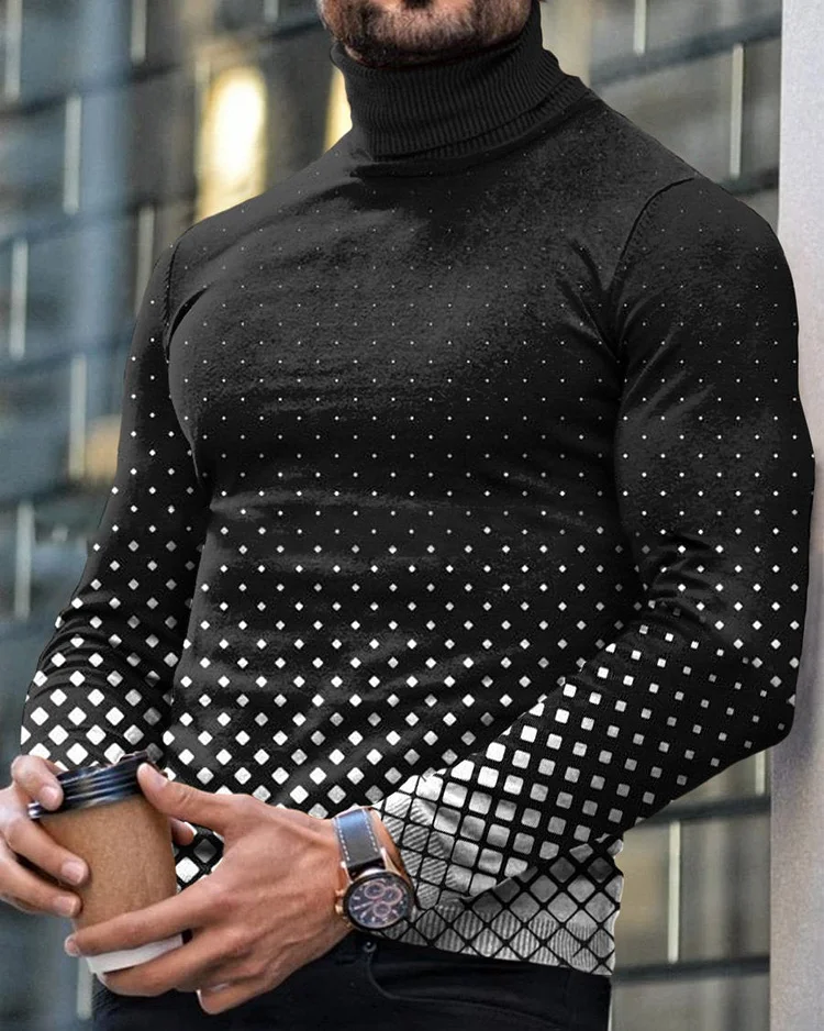 Long-sleeved printed turtleneck T-shirt