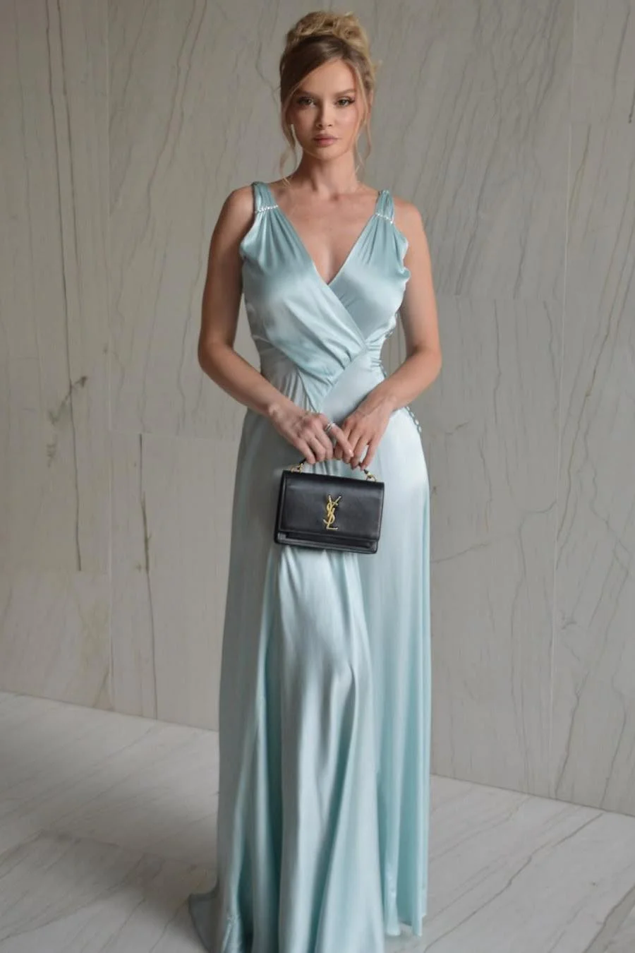 Miabel Elegant Light Blue Satin Spaghtti Strap V Neck Sleeveless Prom Dress with Pleated 