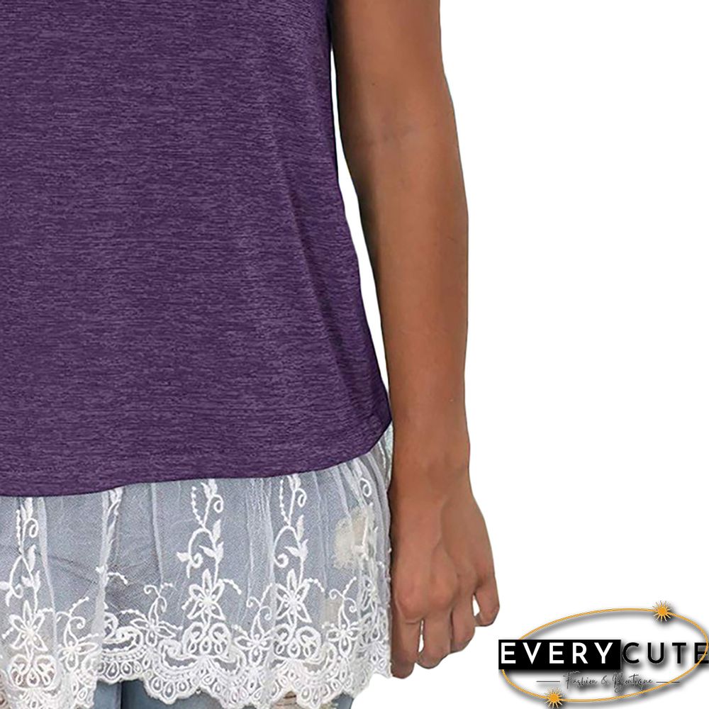 Purple V Neck Lace Hem Tunic Tops