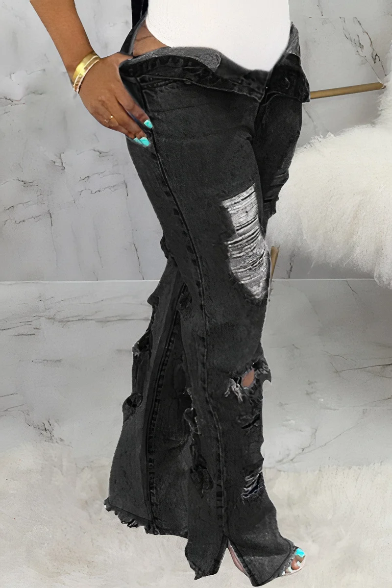 Distressed Frayed Split Hem Straight Leg Jeans