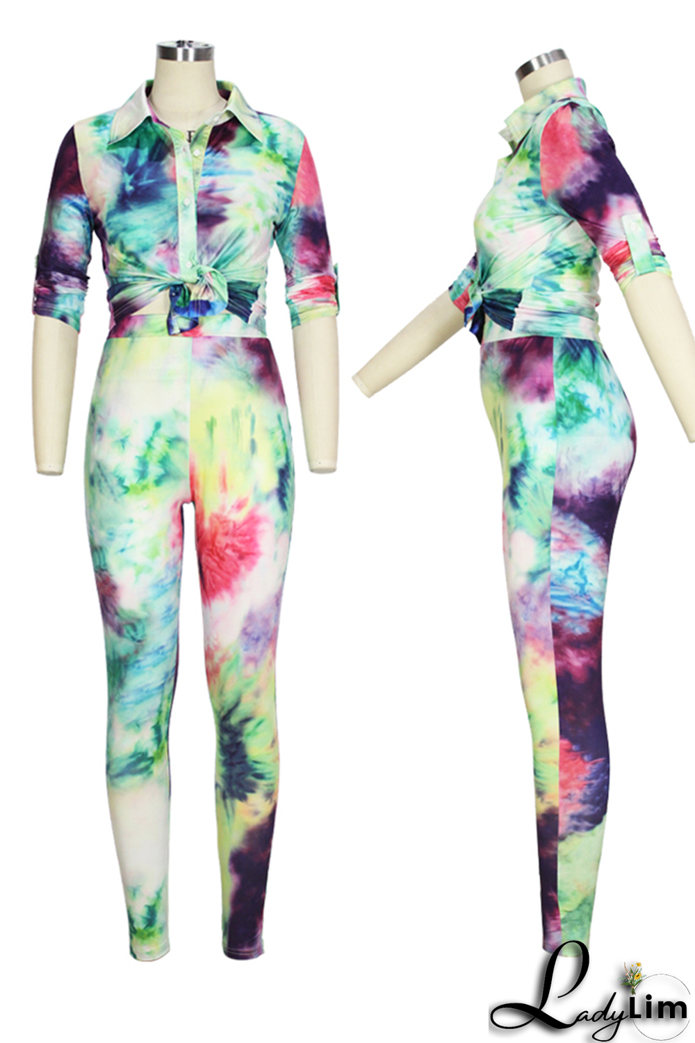 Yellow Sexy Patchwork Tie-dye Turndown Collar Long Sleeve Two Pieces