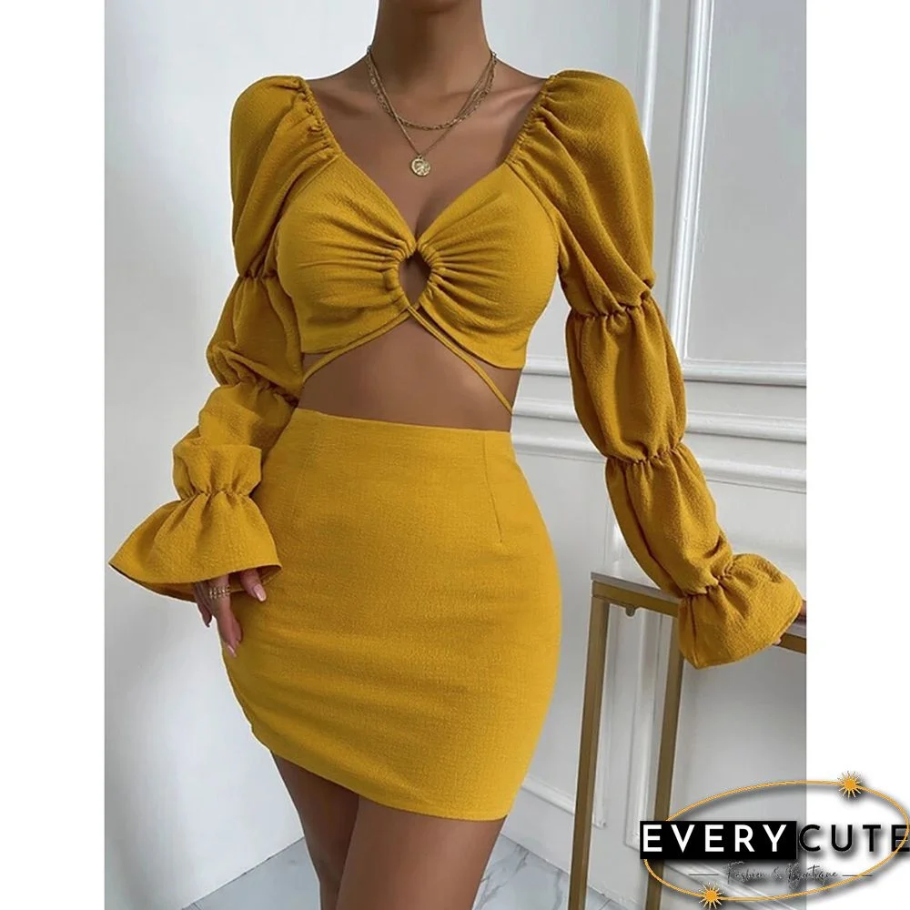 Yellow Hollow-out V Neck Crop Top and Skirts 2pcs Set