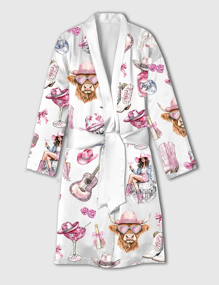 Women's Western Cowgirl Highland Cow Satin Bathrobe 