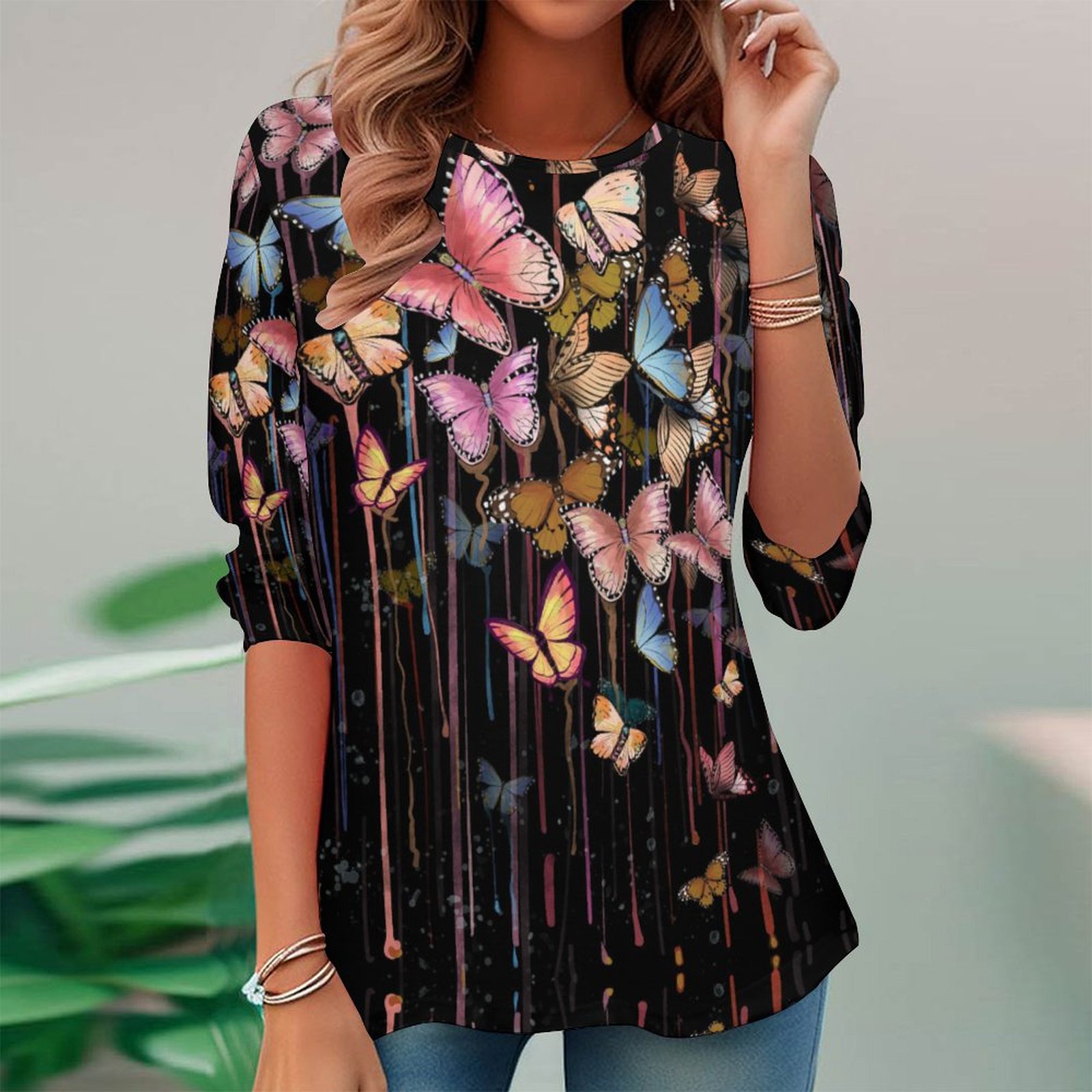 Women Long Sleeve V-neck Graphic Floral Printed Top