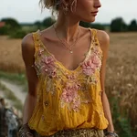 Bohemian Retro Pink Floral Pattern Women's Sleeveless Thin Shoulder Strap Vest - Image 5