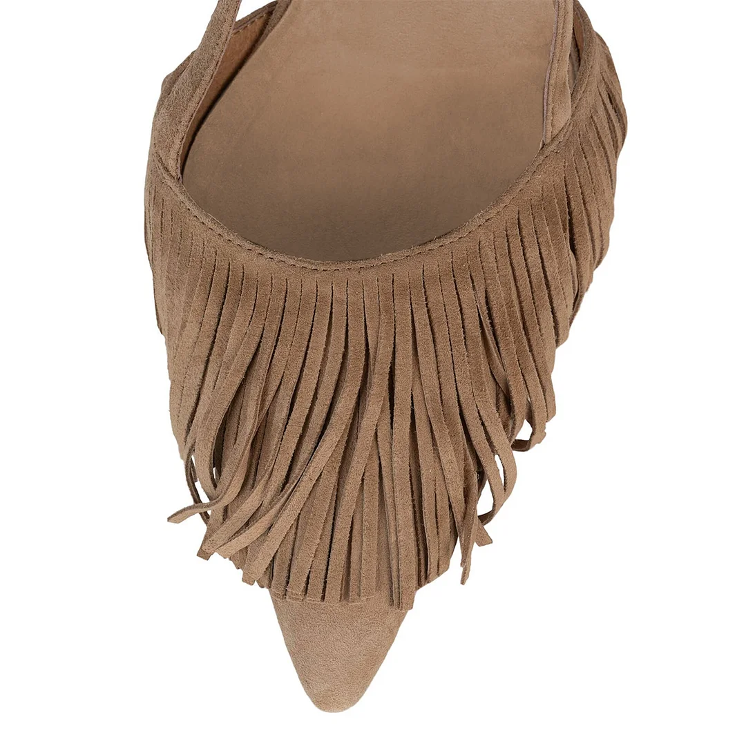 Faux Suede Fringe Inlay Buckle Slingback Kitten Heel Pumps in Beige