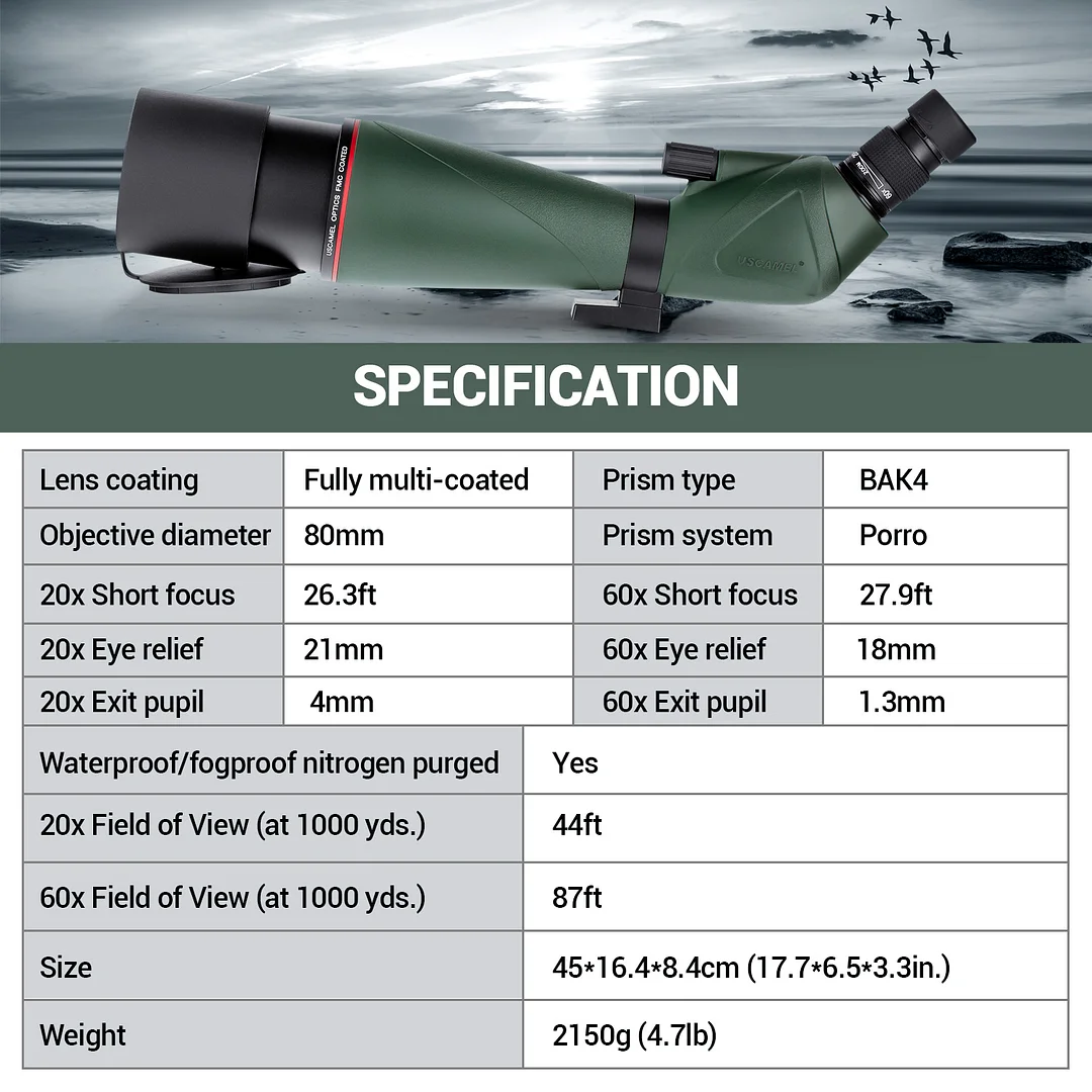 Spotting Scope with Tripod, Carrying Bag and Scope Phone Adapter,Waterproof