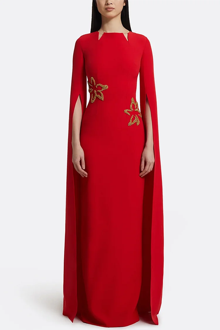 Gold Floral Rhinestone Cape Sleeve Maxi Dress-Red