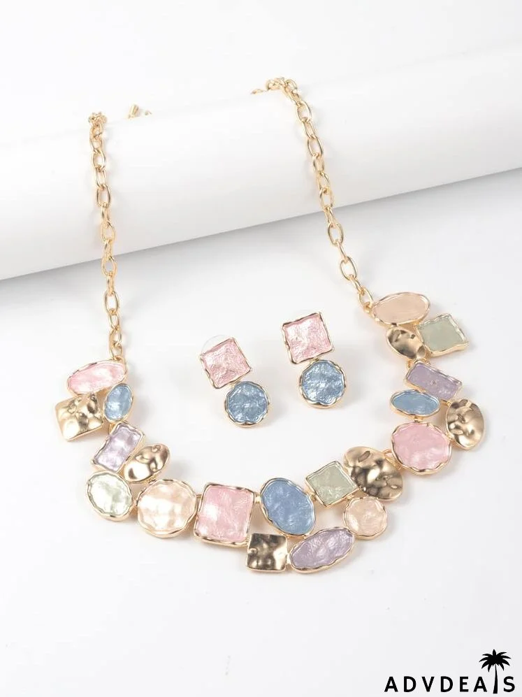 Color Block Geometric Charm Necklace & Stud Earrings