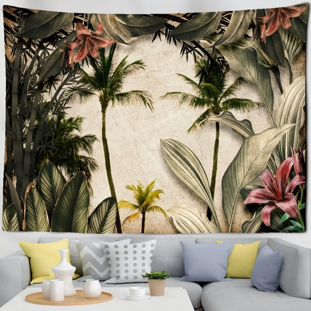Tropical Botanical Garden Tapestry Wall Hanging Bohemian Style Natural Scenery Palm Tree Wall Art Aesthetic Decor