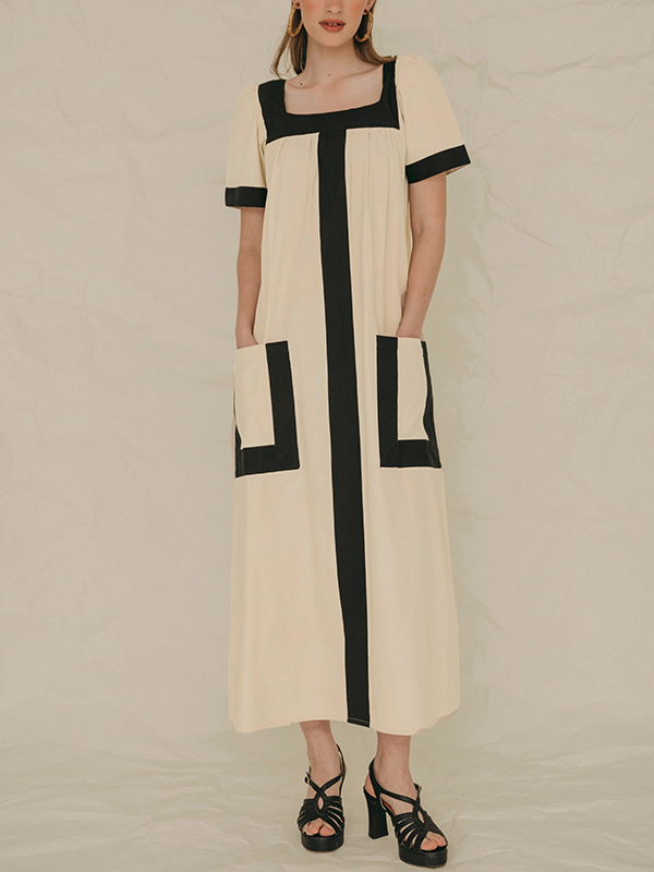 Contrast Stripe Large Pocket Square Neck Maxi Dress