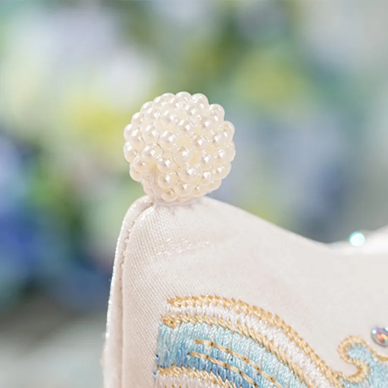 Vintage Embroidery Wave Print Pearl Platform High Heels Shoes