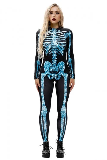 Fancy Skeleton Bodysuit Adult Halloween Costume Blue-elleschic
