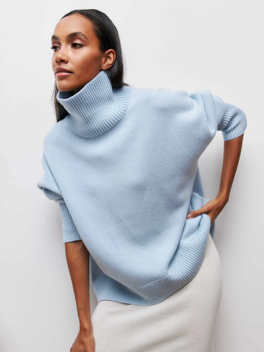 Light-Blue Plain Cotton-Blend Casual Sweater