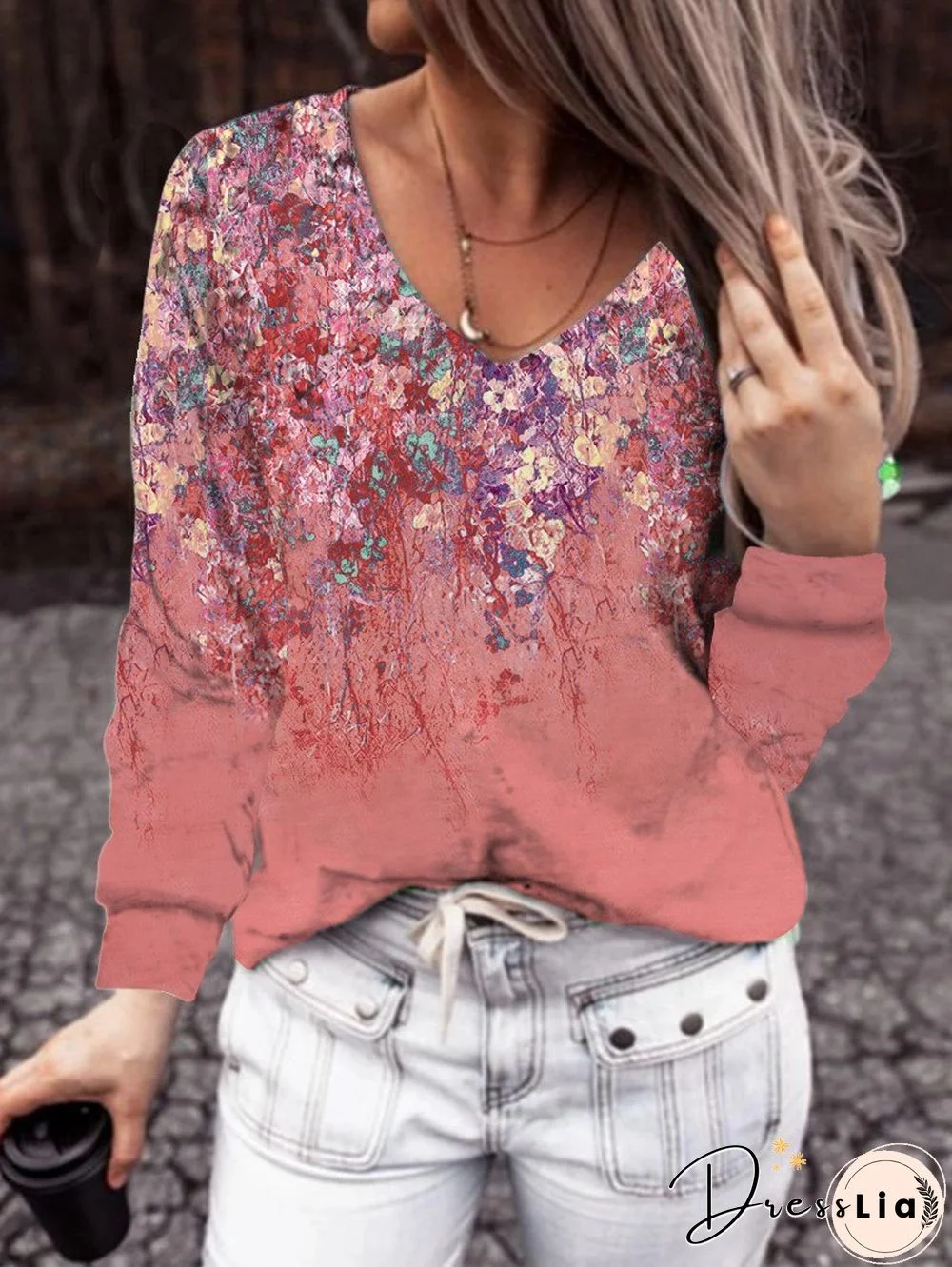 Loose Printed V Neck Women Shirt