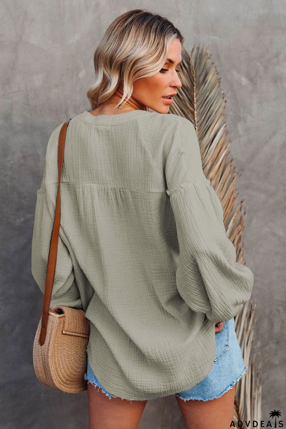 Casual Balloon Sleeve Crinkled Top