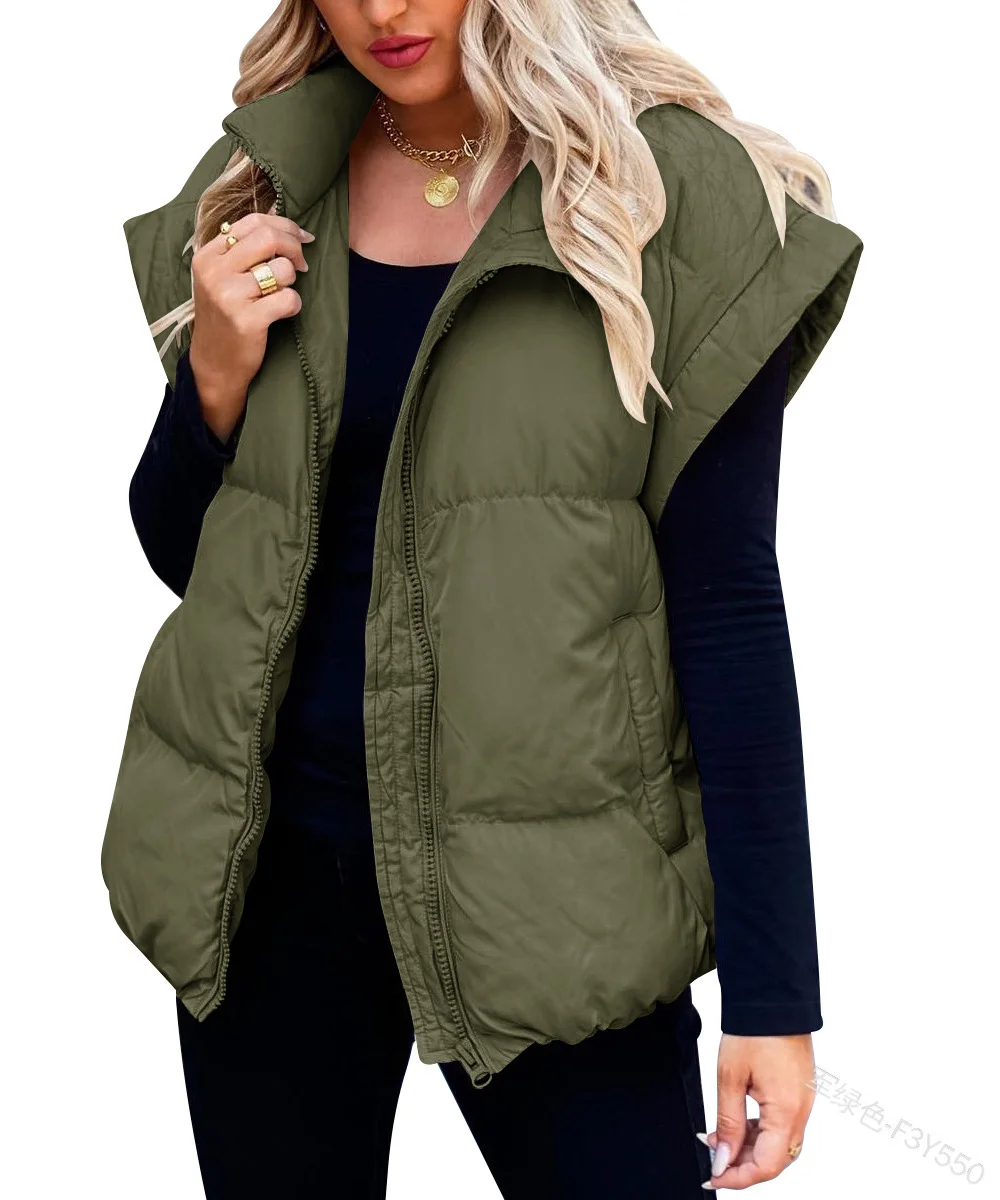 Toloer 2024 New Women's Solid Color Zip Pocket Cotton-Padded Jacket Vest Fashion Standing Collar Temperament Commuter Coat-Outfit Ideas