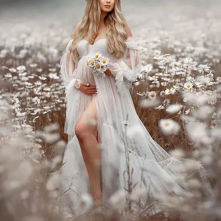Maternity Elegant White Polka Dot Mesh Off Shoulder Sheer Tulle High Split Photoshoot Dress