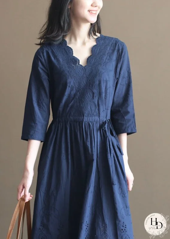 Natural Navy Drawstring V Neck Embroideried Cotton Long Dress Bracelet Sleeve