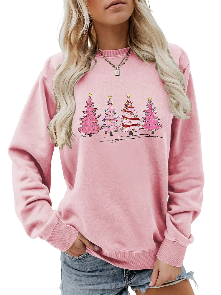 Womens Merry Christmas Crewneck Sweatshirt Pink Christmas Tree Holiday Print Sweatshirt