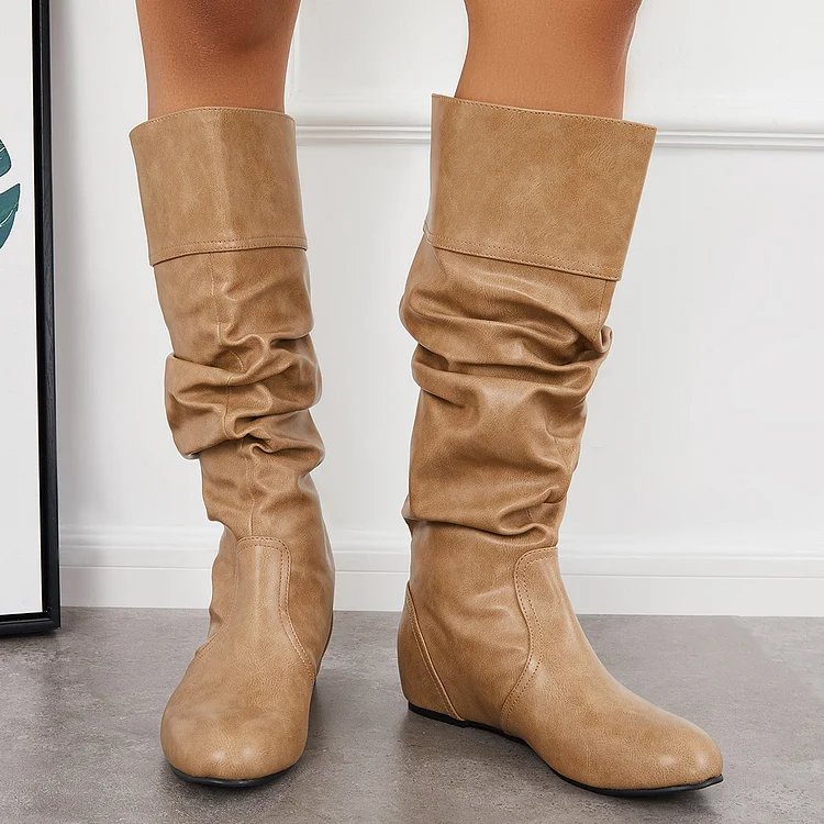 Slouchy Wide Calf Knee High Boots Hidden Wedge Heel Riding Boots