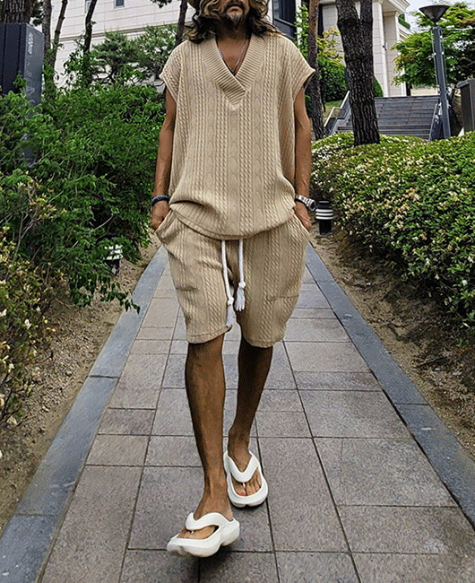 OK Casual V-Neck Short Sleeve Plain Shirt & Shorts 2Pcs Set