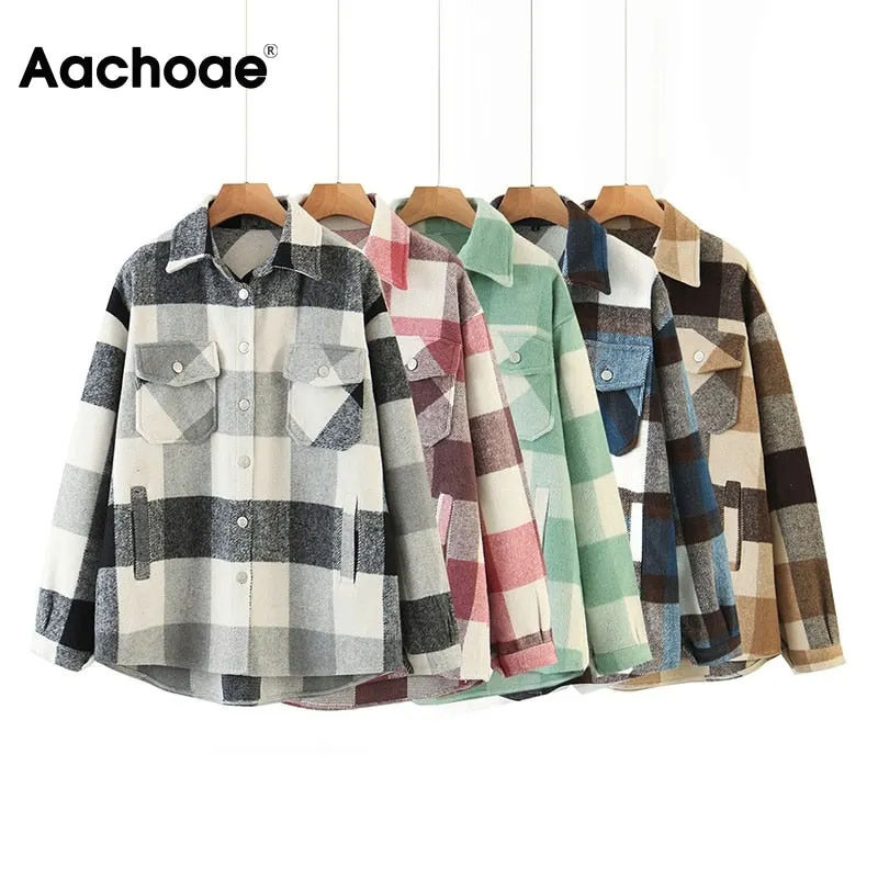 Aachoae Loose Casual Wool Plaid Jacket Women Turn Down Collar Fashion Coat With Pockets Autumn Long Sleeve Ladies Jackets Coats