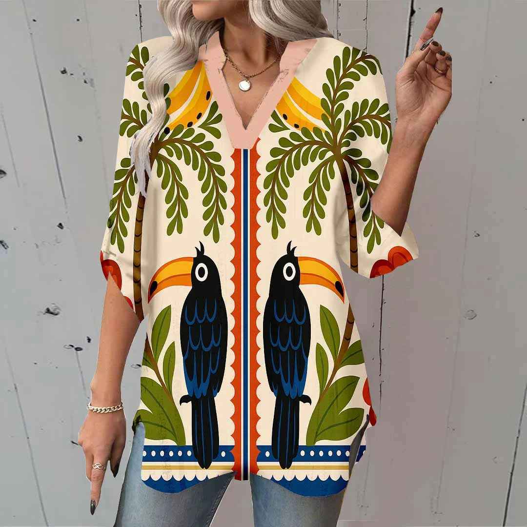 Women Tropical, Birds, Green DZGA0070 3/4 Sleeve V-neck Printed Graphic Button Tops