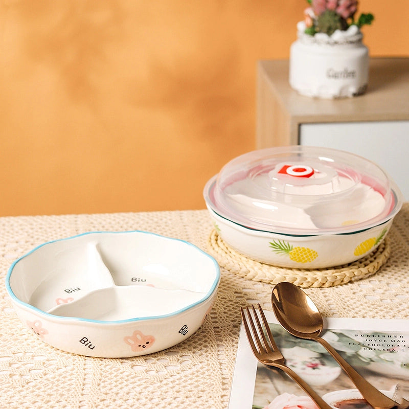 Ceramic Compartment Deep Bowl With Lid Sealed Partition Bowl Heat-resistant Microwave Oven Special Three-compartment Bowl Plate Snack Lunch Box