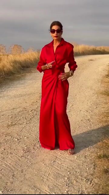 Chic Red Peter Pan Collar Tie Waist Silk Long Dress Spring