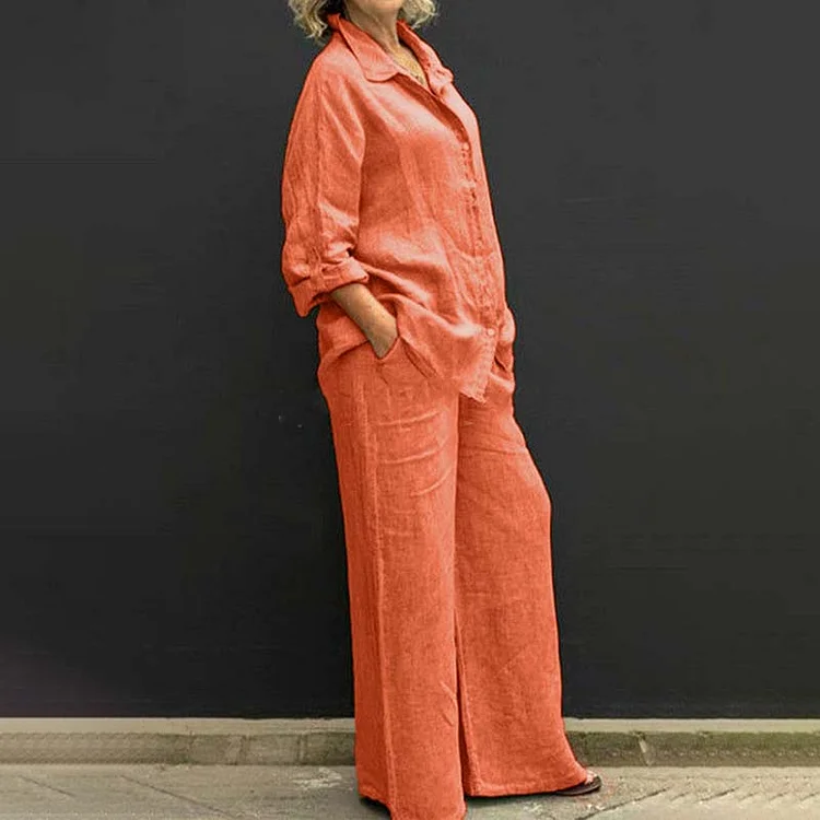 VChics Solid Linen Lapel Shirt Straight Leg Pants Two Piece Set
