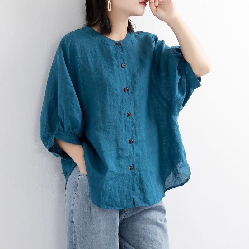 Women Lantern Sleeve Half O-Neck Retro Cotton Linen Shirts