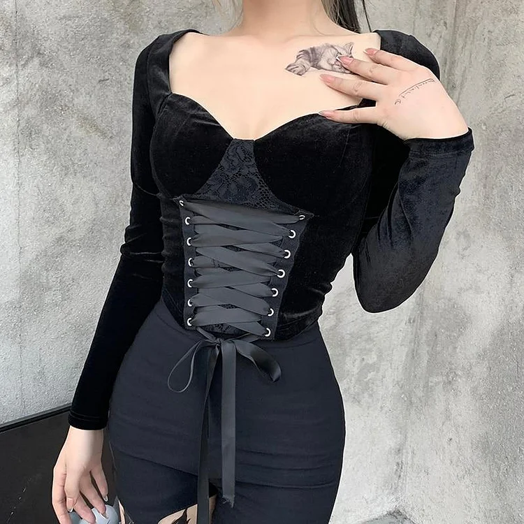 GOTH VELVET LACE UP LONG SLEEVE BLACK CROP TOP