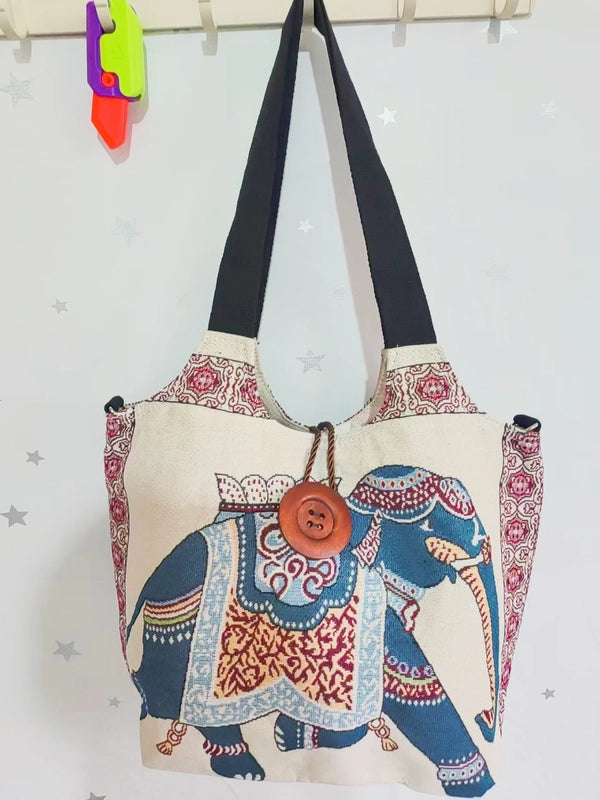 Women’s Large Canvas Elephant Ethnic Style Square Zipper Shoulder Bag