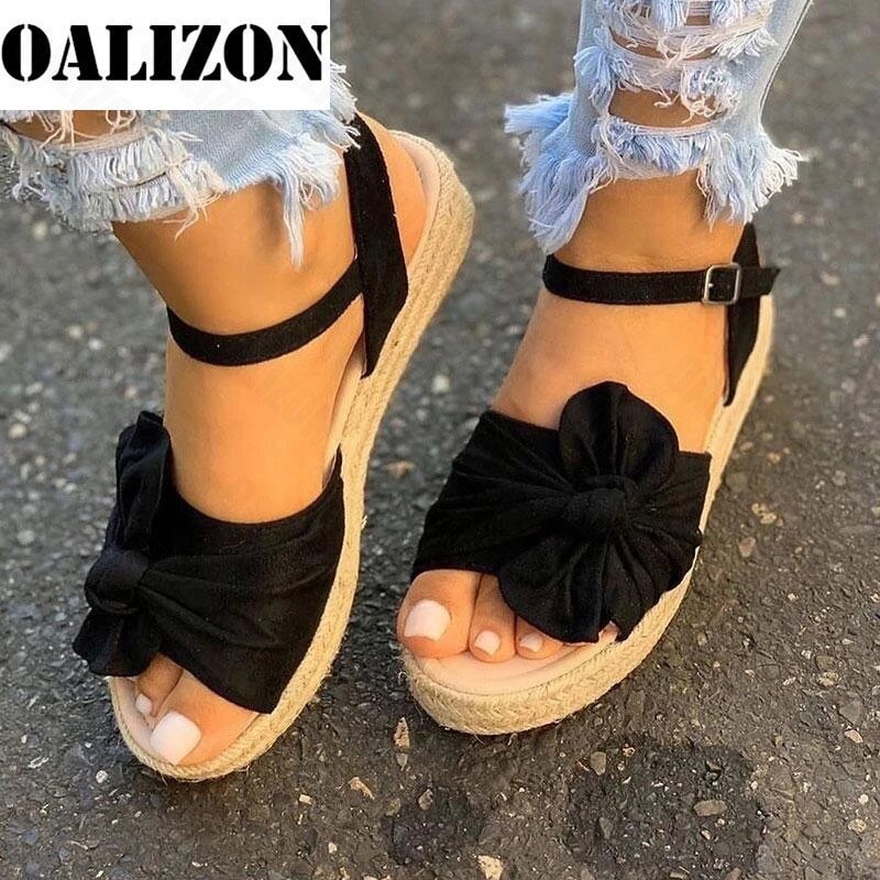 2021 Women Casual Sandals Summer Shoes Hemp Espadrilles Flats Platform Ladies Bowknot Buckle Strap Fashion Woman Peep Toe Female