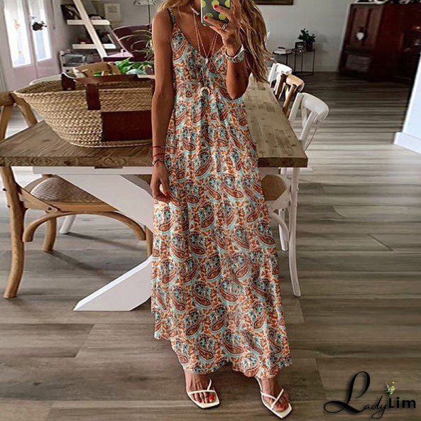 Stylish Women's V-Neck Dress with Positional Print and Loose Straps