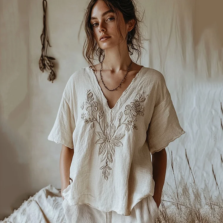 Women's Floral Embroidery Casual Linen Top