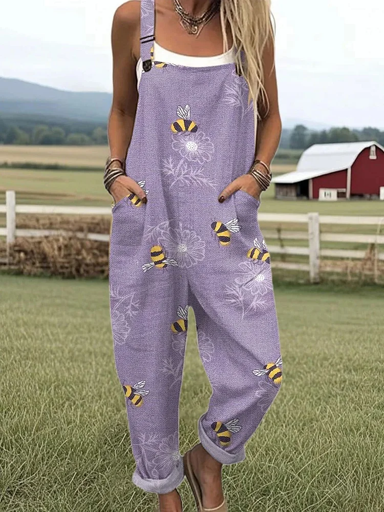 Women's Bee Art Print Casual Wide Leg Jumpsuit