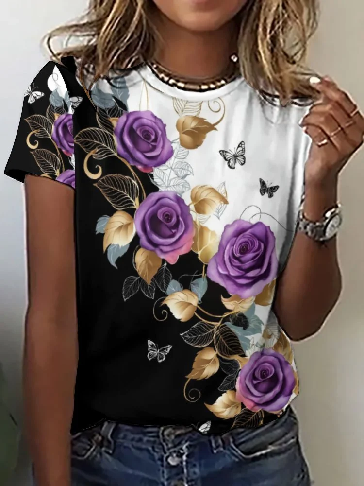 Printed Short Sleeve Casual T-shirt for  Women and Men Unisex Pattern Rose, Floral, Purple